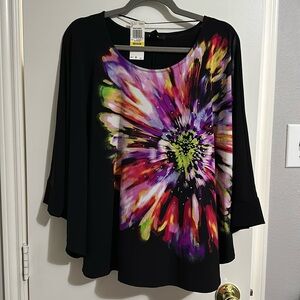 Misses size M Style & Co blouse batwing style black w/ rhinestone floral print